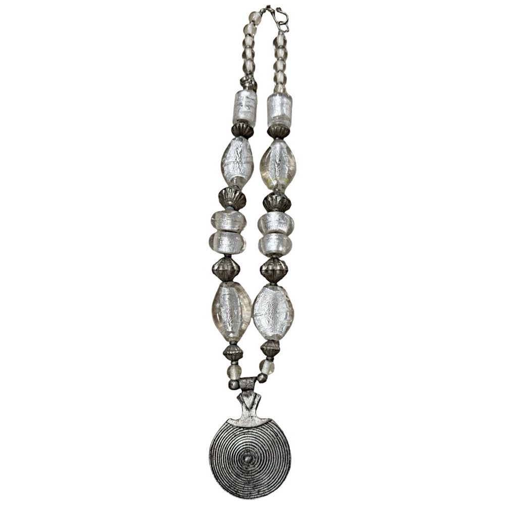 Vintage Hippy Silver Glass Beaded Statement Pendant Necklace - Silver